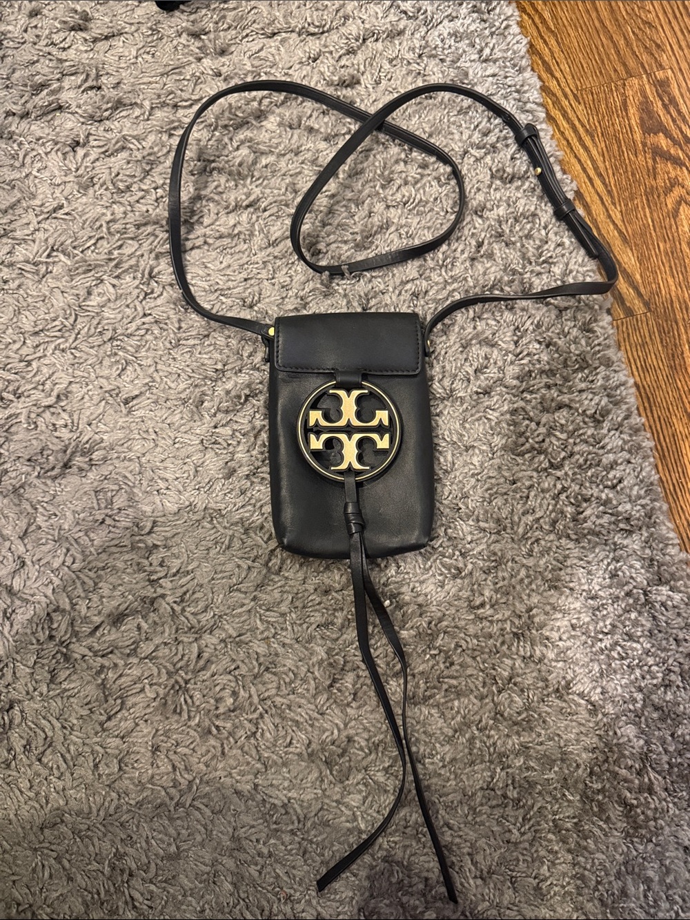 Tory Burch Black Leather Crossbody Phone Pouch with Gold Logo Medallion